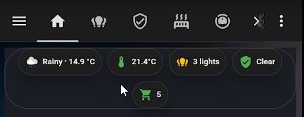 Home Assistant dashboard showing a shopping cart chip with the number of pending items
