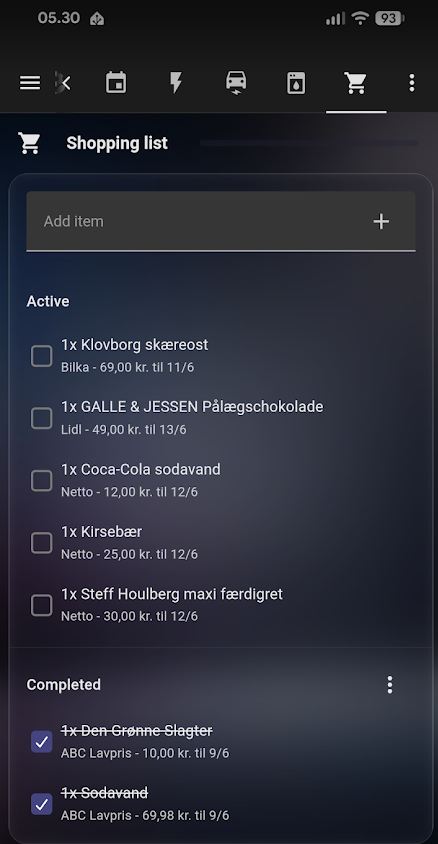 eTilbudsavis shopping list in the Home Assistant companion app, sorted by store with price and date visible