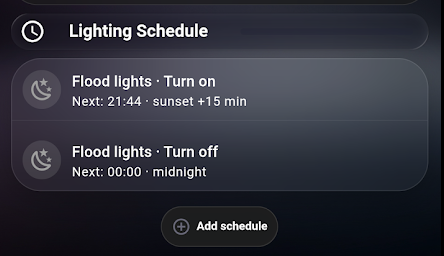 Lighting schedule in Home Assistant — outdoor lights on at sunset +15 min, off at midnight